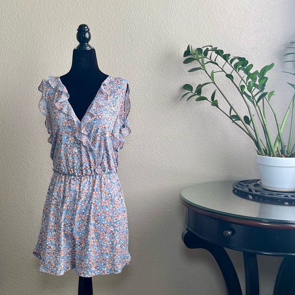 BCBGeneration Floral Ruffle Jumpsuit - Blue and Pink - Picture 1 of 6